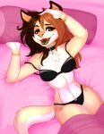 2021 anthro bra breasts brown_hair canid canine canis clothed clothing digital_media_(artwork) domestic_dog ei-ka eyebrows eyelashes female food fruit hair hi_res looking_at_viewer mammal midriff navel panties plant smile strawberry underwear 