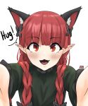  1girl :3 :d animal_ear_fluff animal_ears artist_name bangs black_bow blunt_bangs blush bow braid cat_day cat_ears commission dress english_text extra_ears eyebrows_visible_through_hair face fang foreshortening green_dress hair_bow hair_over_shoulder hair_ribbon highres kaenbyou_rin long_hair looking_at_viewer low_twintails nyaxxy open_mouth pointy_ears red_eyes red_hair ribbon simple_background smile solo touhou tress_ribbon twin_braids twintails white_background 