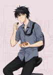  1boy black_hair chair chigusa_kasumi chocolate eating male_focus necktie office_chair qualidea_code sekiya_asami short_hair sitting solo valentine 