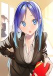  2girls absurdres blue_eyes blue_hair breasts brown_hair cleavage commentary formal hand_on_hip highres long_hair multiple_girls original pov rinku_(rin9) school_uniform suit teacher twintails valentine 