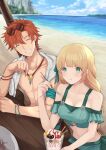  1boy 1girl :t ^_^ absurdres bangs bare_shoulders beach bikini blonde_hair blue_sky blush breasts cleavage closed_eyes closed_mouth cloud commentary_request day eating eyewear_on_head fire_emblem fire_emblem:_three_houses fire_emblem_heroes flower food green_bikini green_eyes grin hair_flower hair_ornament hand_up highres holding holding_spoon ice_cream ingrid_brandl_galatea jewelry long_hair medium_breasts navel necklace off-shoulder_bikini off_shoulder outdoors plate red_hair shimizu_akina shirtless short_hair sitting sky smile spoon stomach sundae sunglasses swimsuit sylvain_jose_gautier water 