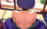  1girl back bare_shoulders fate/grand_order fate_(series) from_behind highres indoors japanese_clothes kimono purple_hair purple_kimono short_hair shuten_douji_(fate) solo spider_apple upper_body 
