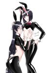  2girls animal_ears bangs black_hair bow bowtie breasts bunny_ears bunny_tail chichizuki_(manman-ya) dated fake_animal_ears fake_tail fate/grand_order fate_(series) hand_on_hip horns large_breasts long_hair meme_attire minamoto_no_raikou_(fate) multiple_girls oni_horns parted_bangs purple_eyes reverse_bunnysuit reverse_outfit short_hair shuten_douji_(fate) signature skin-covered_horns small_breasts smile tail tongue tongue_out very_long_hair wrist_cuffs yuri 