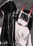  2girls bite_mark bob_cut chichizuki_(manman-ya) dated eyeliner fangs fate/grand_order fate_(series) greyscale hand_in_hair height_difference long_hair makeup minamoto_no_raikou_(fate) monochrome multiple_girls open_mouth scratches short_hair shuten_douji_(fate) signature spot_color yuri 