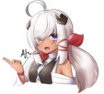  1girl :d ahoge black_vest bow eyes_visible_through_hair fang hair_bow haira_(klaius) hand_up highres horns index_finger_raised klaius long_hair looking_at_viewer open_mouth original purple_eyes red_bow simple_background skin_fang smile solo twintails upper_body vest white_background wristband 