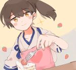  1girl apron brown_eyes brown_hair cake commentary_request dutch_angle food fork fruit heart ina_(1813576) japanese_clothes kaga_(kancolle) kantai_collection long_hair pink_apron side_ponytail smile solo sparkle strawberry strawberry_shortcake tasuki 