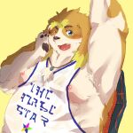  1:1 2021 anthro canid canine canis clothing domestic_dog hi_res hisaki_(live-a-hero) kemono live-a-hero male mammal moobs nipples one_eye_closed overweight overweight_male shirt solo topwear video_games wink yuuya333 