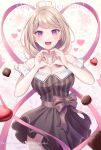  1girl :d ahoge akamatsu_kaede alternate_costume artist_name bangs banned_artist bare_shoulders black_bow blonde_hair blush bow breasts candy chocolate chocolate_heart cleavage collarbone cowboy_shot danganronpa_(series) danganronpa_v3:_killing_harmony dress eyebrows_visible_through_hair food frills hair_ornament happy_valentine heart heart_ahoge heart_hands heart_print highres large_breasts long_hair looking_at_viewer musical_note_hair_ornament nabekokoa open_mouth purple_eyes repost_notice short_sleeves smile solo striped striped_dress symbol_commentary valentine 