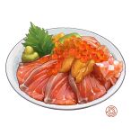  abaoyaonuli absurdres bowl egg fish food food_focus highres leaf meat no_humans original realistic roe sashimi seafood simple_background still_life vegetable wasabi white_background 