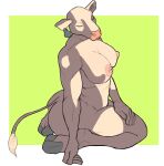  2021 anthro bovid bovine breasts brown_body cattle cloven_hooves ear_tag eyes_closed f_draws female full-length_portrait green_background hand_on_leg hand_on_thigh hi_res hooves kneeling mammal nipples nude portrait simple_background solo 
