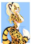  2021 alpha_channel anthro blonde_hair breasts cheetah clothed clothing digital_media_(artwork) ei-ka felid feline female fur hair mammal smile solo spots spotted_body spotted_fur topless yellow_body yellow_fur 