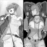  1boy 1girl arms_up bangs belt blush breasts cleavage collar collarbone dress_shirt greyscale guhanshounen hair_between_eyes hetero high_ponytail idolmaster idolmaster_shiny_colors jacket jewelry large_breasts long_hair long_sleeves looking_at_viewer microphone microphone_stand monochrome necklace nipple_tweak open_clothes open_jacket open_mouth parted_lips ponytail shirase_sakuya shirt smile 