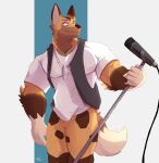  2020 animal_crossing anthro canid canine canis clothed clothing dog_tags hi_res kyle_(animal_crossing) makowolf1 male mammal microphone muscular muscular_anthro muscular_male nintendo open_clothing open_topwear open_vest shirt simple_background solo standing topwear vest video_games wolf 