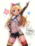  1girl alice_gear_aegis armpits black_shorts blonde_hair blue_eyes bow_hairband breasts character_request chou_tokkyu_hikarian commentary_request cowboy_shot doyouwantto elbow_gloves flat_chest gloves hair_between_eyes hairband hand_on_hip looking_at_viewer midriff miyaminami_hikari navel open_mouth panties pink_panties pointing pointing_up shorts signature smile star_(symbol) underwear white_background 