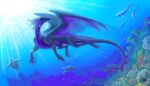  absurd_res afialtisdragon ambiguous_gender aquatic_dragon bioluminescence black_body black_scales bracelet claws dragon feral fin glowing hi_res horn jewelry magincia marine membrane_(anatomy) membranous_wings purple_body purple_scales reef_(disambiguation) scales sea solo swimming underwater water wings 