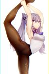  1girl armpits arms_up bangs black_legwear blurry blush breasts chromatic_aberration commentary_request contortion dev embarrassed eyebrows_visible_through_hair flexible foot_out_of_frame genshin_impact hair_cones hair_ears highres keqing_(genshin_impact) leg_up legs leotard long_hair looking_at_viewer medium_breasts pantyhose purple_eyes purple_hair sidelocks sleeveless solo thighs twintails 