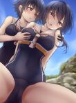  2girls asymmetrical_hair bangs beach black_hair black_swimsuit blue_sky blush breast_cutout breast_grab breath brown_eyes cameltoe cleft_of_venus cloud cloudy_sky commentary_request day grabbing hair_between_eyes highres i-13_(kancolle) i-14_(kancolle) kantai_collection multiple_girls no_hat no_headwear nuka_(nvkka) open_mouth outdoors rock sailor_collar school_swimsuit shirt short_hair siblings sky smile swimsuit swimsuit_under_clothes twins white_sailor_collar yuri 
