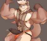 2020 abs anthro biceps bodily_fluids body_hair canid canine canis clothing erection fishnet fishnet_topwear flexing genital_fluids genitals grey_background hair happy_trail hi_res hoodie humanoid_genitalia humanoid_penis kneeling looking_at_viewer makowolf1 male mammal muscular muscular_anthro muscular_male nipples pecs penis precum pubes simple_background sleeveless_hoodie solo thong topwear underwear wolf 