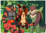  anthro balls barazoku blush bodily_fluids breasts brown_body brown_fur canid canine chesnaught coffeecat4321 digital_media_(artwork) erection fur genital_fluids genitals group humanoid_genitalia incineroar male male/male mammal muscular muscular_anthro muscular_male nintendo nude open_mouth penis pok&eacute;mon pok&eacute;mon_(species) raccoon_dog red_body red_fur tanuki tongue video_games 