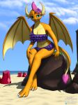  2021 5_fingers absurd_res aged_up anthro beach claws clearvision clothing digital_media_(artwork) dragon female fingers friendship_is_magic hasbro hi_res looking_at_viewer membrane_(anatomy) membranous_wings my_little_pony navel outside seaside shadow sitting smolder_(mlp) solo text toe_claws wings 