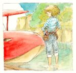  1girl aircraft airplane blush cliff cloud fio_piccolo forest from_behind highres kurenai_no_buta li_(lithium0522) nature pants pants_rolled_up pier plaid plaid_shirt savoia_s.21 seaplane shirt short_hair sky sleeves_rolled_up solo tool_belt traditional_media wading water 
