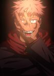  2boys absurdres black_background blue_shirt buttons commentary covering_mouth extra_mouth fangs film_grain hand_over_own_mouth highres hood hoodie huge_filesize itadori_yuuji jujutsu_kaisen lelelemonadee looking_at_viewer multiple_boys open_mouth pink_hair red_hoodie ryoumen_sukuna_(jujutsu_kaisen) sanpaku shirt short_hair simple_background teeth tongue undercut upper_body yellow_eyes 
