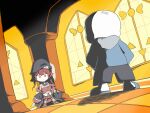  akainu_pony chibi covered_navel empty_eyes hat heterochromia highres holding holding_knife hololive hood hoodie houshou_marine knife off-shoulder_coat pillar pirate_hat red_eyes red_hair sans shadow skirt slippers thighhighs twintails undertale yellow_eyes 