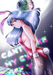  1girl animal_ears backless_leotard blue_hair bunny_ears bunny_tail disco_ball dutch_angle english_text highres long_hair looking_to_the_side neko_mari original pantyhose playboy_bunny solo tail wrist_cuffs 