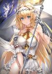  1girl absurdres bangs bare_shoulders belt blonde_hair blue_eyes blush breasts collarbone diadem dress flag flower gauntlets granblue_fantasy hair_flower hair_intakes hair_ornament highres huge_filesize jeanne_d&#039;arc_(granblue_fantasy) jewelry large_breasts lily_(flower) long_hair looking_at_viewer moobong neck_ring polearm single_gauntlet weapon white_dress 