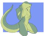  2021 abs anthro athena_(f_draws) blue_background breast_squish breasts crocodilian english_text f_draws female full-length_portrait hi_res kneeling muscular muscular_anthro muscular_female non-mammal_breasts nude portrait reptile scalie simple_background solo squish text 