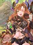  2girls bangs black_shorts blush bottle breasts cloak crop_top dinosaur funf fur-trimmed_cloak fur_trim gloves granblue_fantasy green_eyes hairband head_wings highres kiriyama2109 large_breasts long_hair looking_at_viewer midriff multiple_girls navel one_eye_closed open_mouth orange_hair red_hair short_shorts shorts sidelocks smile song_(granblue_fantasy) thumbs_up white_cloak white_gloves 