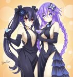  2girls akane_rose artist_name black_dress black_gloves black_hair blue_eyes braid breasts cleavage commission dress elbow_gloves eyebrows_visible_through_hair gloves hair_ribbon highres long_hair looking_at_viewer medium_breasts multiple_girls neptune_(series) noire purple_hair purple_heart red_eyes ribbon sidelocks signature smile symbol-shaped_pupils twin_braids twintails 