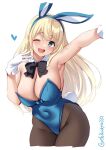  1girl animal_ears arm_up armpits atago_(kancolle) bare_shoulders blonde_hair blue_eyes blush bow bowtie breasts bunny_ears bunny_girl bunny_tail cleavage cowboy_shot ebifurya gloves highres kantai_collection large_breasts long_hair looking_at_viewer one_eye_closed open_mouth outstretched_arm pantyhose smile solo tail twitter_username white_background white_gloves 