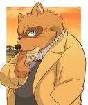  2021 anthro blue_eyes canid canine clothing detailed_background eating food hi_res hysk kemono male mammal outside overweight overweight_male raccoon_dog sengoku_puzzle shadow_ieyasu shirt solo tanuki topwear video_games 