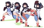  1girl adelie_penguin_(kemono_friends) ball bangs baseball baseball_mitt black_hair boots breasts determined floating_hair high_heel_boots high_heels highres holding holding_ball kazue_nishiki kemono_friends looking_to_the_side medium_breasts motion_blur multiple_views pitching short_hair v-shaped_eyebrows white_background 