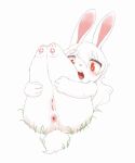  2021 3_toes 4_fingers anthro anus big_eyes blush butt eyebrow_through_hair eyebrows feet female fingers fur genitals hair hair_between_eyes holding_legs lagomorph legs_up leporid long_ears long_hair looking_at_viewer lying mammal on_back open_mouth pawpads paws peach_pussy pink_anus pink_nose pink_pawpads pink_pussy presenting presenting_hindquarters pussy rabbit red_eyes sake_kemosalmon solo teeth toes translucent translucent_hair white_body white_fur white_hair 