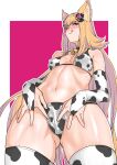  1girl animal_ears animal_print ass_visible_through_thighs bangs bare_shoulders bell bikini blonde_hair blush border breasts bridal_gauntlets cow_print crotch detached_sleeves erune granblue_fantasy hair_ornament licking_lips long_hair looking_at_viewer medium_breasts metera_(granblue_fantasy) mole mole_under_mouth navel neck_bell one_eye_closed pink_background purple_eyes sidelocks smile swimsuit thighhighs thighs tongue tongue_out white_bikini white_border white_legwear yggsil 