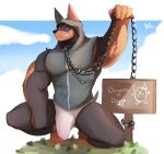  2020 anthro beware_of_dog bulge canid canine canis chain chained clothed clothing collar crouching dobermann domestic_dog english_text erection erection_under_clothing hi_res hoodie looking_at_viewer makowolf1 male mammal muscular muscular_anthro muscular_male one_eye_closed outside pinscher sign sleeveless_hoodie smile smirk solo tenting text topwear underwear wink 