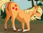  2021 animal_genitalia animal_pussy anus applejack_(mlp) blurred_background butt cutie_mark digital_media_(artwork) equid equine equine_pussy eyebrows eyelashes female feral friendship_is_magic genitals hasbro hi_res looking_at_viewer mammal mouth_hold my_little_pony negasun outside pussy riding_crop solo whip 