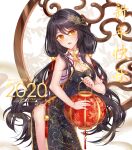  1girl 2020 bare_arms bare_shoulders black_dress black_hair breasts china_dress chinese_clothes cleavage cleavage_cutout clothing_cutout cowboy_shot dress gold_trim hair_between_eyes hair_bobbles hair_ornament happy_new_year highres hollyyn lantern long_hair looking_at_viewer low_twintails medium_breasts new_year no_panties open_mouth orange_eyes original paper_lantern pelvic_curtain sleeveless sleeveless_dress solo standing thighs twintails very_long_hair 