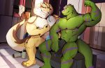  2020 abs anthro anvil_(crocodile) bench biceps cobra crocodile crocodilian crocodylid duo flaccid flexing genitals hi_res humanoid_genitalia humanoid_penis inside locker locker_room long_tongue looking_at_another makowolf1 male male/male muscular muscular_anthro muscular_male navel nipples nude penis reptile sarth scalie sitting snake tongue 