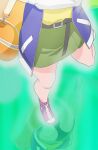  bag belt black_belt blue_jacket green_skirt haruyama_kazunori head_out_of_frame healin&#039;_good_precure hiramitsu_hinata jacket legs panties pantyshot pantyshot_(reflection) polka_dot polka_dot_panties precure purple_footwear reflection shirt shoes skirt standing standing_on_one_leg underwear yellow_shirt 