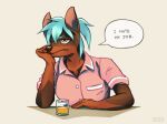  2020 anthro beverage blue_hair bored brown_body brown_fur canid canine canis clothing dialogue dobermann domestic_dog english_text female fur hair holding_chin long_ears mammal mynameiscomic narrowed_eyes pink_clothing pinscher shot_glass snout solo text uniform 