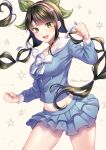  1girl :d bangs banned_artist black_hair blush bow breasts chabashira_tenko choker clenched_hands commentary_request cowboy_shot danganronpa_(series) danganronpa_v3:_killing_harmony eyebrows_visible_through_hair frills green_eyes hair_ornament hair_ribbon hairband highres layered_skirt long_hair long_sleeves looking_at_viewer low_twintails medium_breasts midriff miniskirt mole mole_under_mouth nabekokoa navel open_mouth pleated_skirt ribbon school_uniform shirt skirt smile solo twintails twitter_username upper_teeth white_bow 
