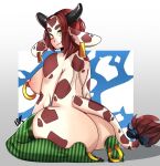  2017 anthro areola big_breasts biped bokcutter bovid bovine breasts cattle clothing digital_media_(artwork) ear_piercing female footwear hair hi_res horn kneeling legwear looking_at_viewer looking_back looking_back_at_viewer mammal mostly_nude nipple_piercing nipple_ring nipples pattern_clothing pattern_legwear pattern_thigh_highs piercing red_hair ribbons signature smile socks solo striped_clothing striped_legwear striped_thigh_highs stripes tail_ribbon tail_tuft thigh_highs thigh_socks tuft yellow_eyes 