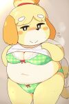  animal_crossing anthro belly black_eyes black_nose blush bodily_fluids bra breasts canid canine canis clothed clothing clothing_lift countershading domestic_dog female floppy_ears front_view fur hi_res isabelle_(animal_crossing) mammal navel nintendo overweight overweight_anthro overweight_female panties portrait rantan_chan ribbons shih_tzu shirt shirt_lift smile solo standing sweat tailwag three-quarter_portrait topwear toy_dog underwear video_games yellow_body yellow_fur 