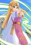  1girl bangs blonde_hair blue_eyes blue_sky blunt_bangs bracelet cerasus closed_mouth cloud commentary_request day dress earrings fingernails floating_island headpiece highres jewelry long_hair looking_at_viewer nintendo outdoors parted_bangs pelvic_curtain pointy_ears princess_zelda short_sleeves sky smile solo super_smash_bros. super_smash_bros._ultimate the_legend_of_zelda triforce very_long_hair white_dress 