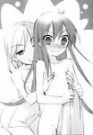  blush breasts cleavage flat_chest flat_chest_grab grabbing greyscale highres itou_noiji monochrome multiple_girls naked_towel naughty_face nose_blush nude shakugan_no_shana shana small_breasts surprised towel wavy_mouth yuri 