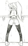  against_wall artist_request ass bent_over blush ciel_(rockman) cum cumdrip from_behind greyscale long_hair looking_back monochrome no_panties open_mouth ponytail pussy robot rockman rockman_zero skirt skirt_lift solo thighhighs uncensored 