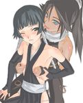  artist_request between_breasts black_hair bleach blush breasts clothes_between_breasts dark_skin ear_licking gloves licking multiple_girls nipple_tweak nipples ponytail shihouin_yoruichi short_hair_with_long_locks small_breasts sui-feng yuri 